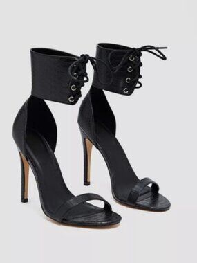 Nasty Gal Size US 7 Black Croc Lace Up Embossed Stiletto Heel Pumps Open Toe